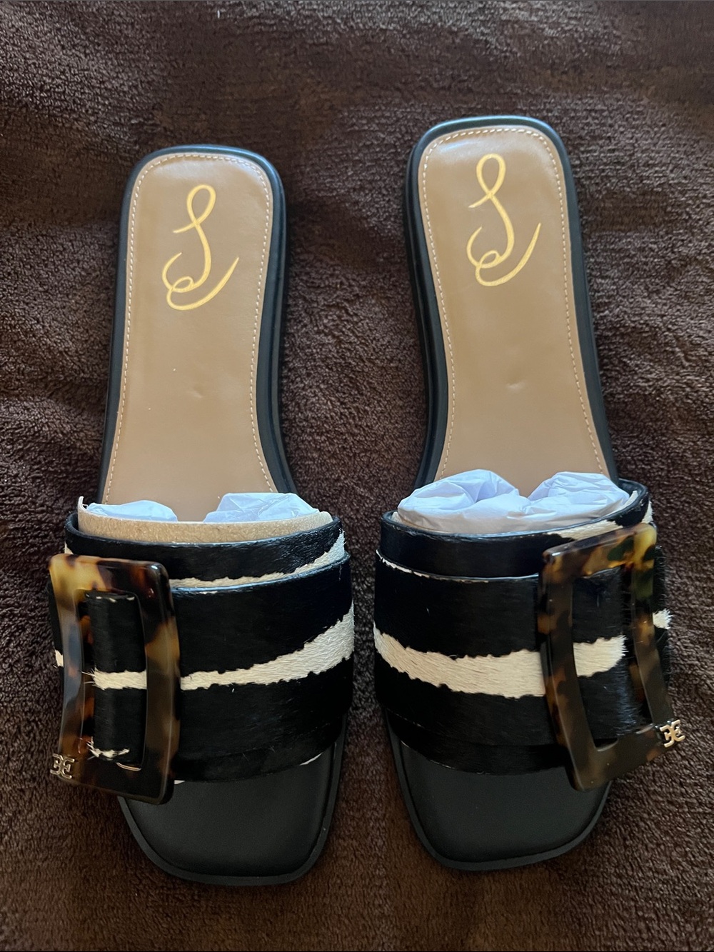 Sam Edelman Black and White Striped Slide Mules with Tortoiseshell Buckle
